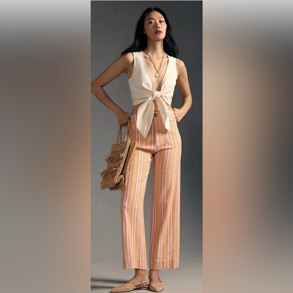 Anthropologie Colette Linen Crop Pants Striped Maeve Wide Leg Orange Size 33T